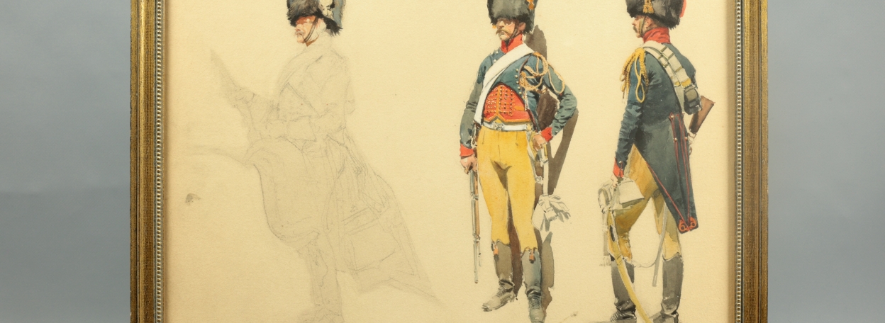 AQUARELLE GOUACHÉE DE GEORGES SCOTT SUR LES CHASSEURS À CHEVAL DE LA GARDE - VERS 1900